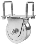 Heavy Duty 4 In Slide Gate Wheel With V Groove Dual Bearings, Bolted External Mount Bracket Cradle, Solid Steel Roller For Inverted V Track Gates Up To 3000 Lbs, Maintenance Free No Welding Required, side view showing metal construction and bracket mounting.