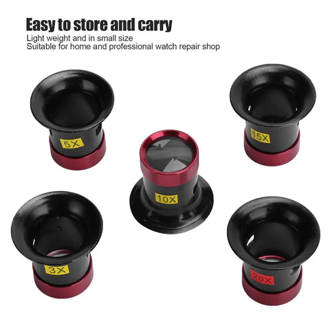 Watchmakers Loupe Set With 3X 5X 10X 15X And 20X Magnifiers Aluminum Alloy Construction, arranged for display