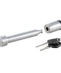 Stainless Steel Trailer Hitch Lock With Five-Eighth Inch Pin Diameter Fits Two-Inch Or Two And A Half-Inch Receivers, shown with keys