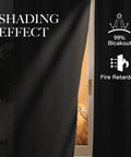 Fire Retardant Blackout Curtains 52 Inch Wide By 84 Inch Long, Two Panel Set, shown blocking light and fire retardant symbols.