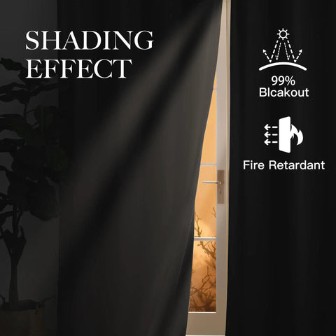 Fire Retardant Blackout Curtains 52 Inch Wide By 84 Inch Long, Two Panel Set, shown blocking light and fire retardant symbols.