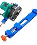 Rock Solid Adjustable Router Base Guide With Portable Saw Rail Track System To Nail Every Woodworking Cut Featuring Slick Multi Angle Lock Jig, blue clamp and circular saw tool.