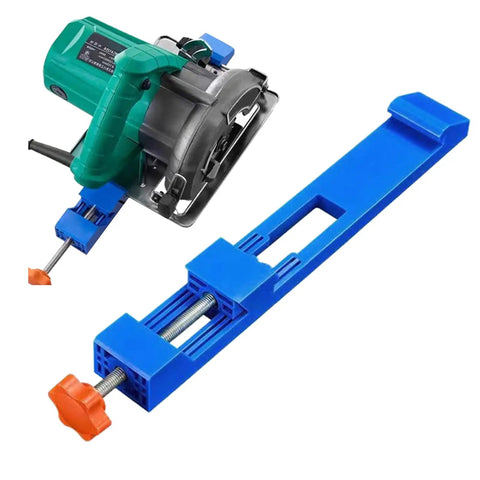 Rock Solid Adjustable Router Base Guide With Portable Saw Rail Track System To Nail Every Woodworking Cut Featuring Slick Multi Angle Lock Jig, blue clamp and circular saw tool.