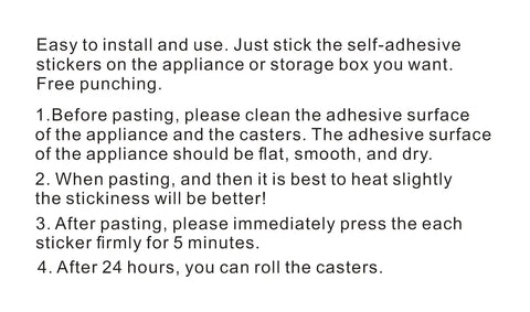 Instructions on how to use Easy Peasy Peel And Stick Caster Wheels For Trash Cans And Storage Bins With Smooth As Butter Rolling Action.