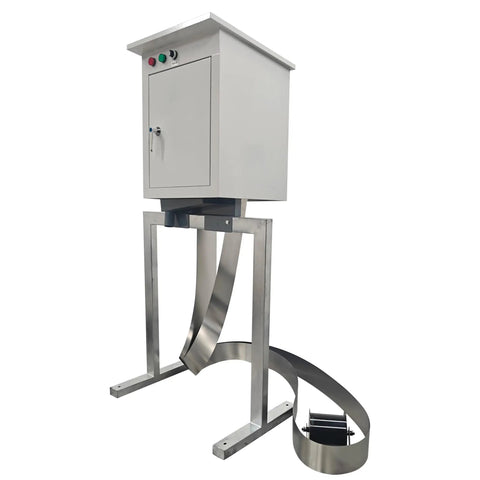 Intsuprm 60W Steel Belt Oil Skimmer With 6 Meter Stainless Strip showing control unit and skimmer in industrial setup.