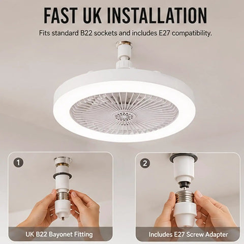 3 Color Dimmable - Flush Mount Ceiling Fan, Quiet Light Remote, Bedroom with UK B22 fitting and E27 screw adapter process.