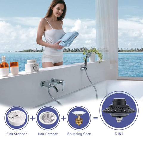 Woman near tub with 2 Pack Tub Drain Stopper With Removable Hair Catcher, Pop Up Shower Plug Fits 1.38 To 1.8 Inch Holes, Stainless Steel Filter.