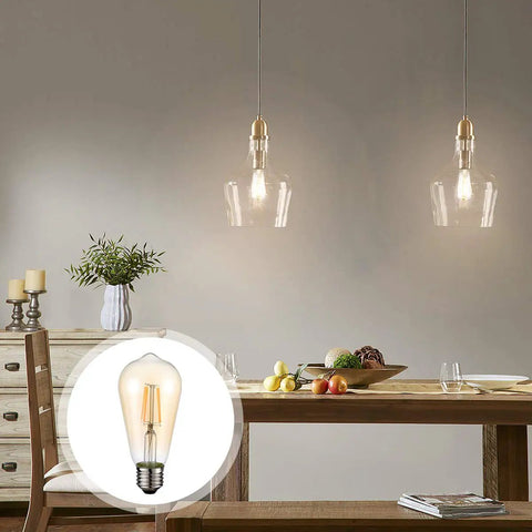 Vintage LED Edison Bulbs ST58 4W 60W Equivalent shown illuminating a cozy dining room with warm amber glow, E26 base visible.