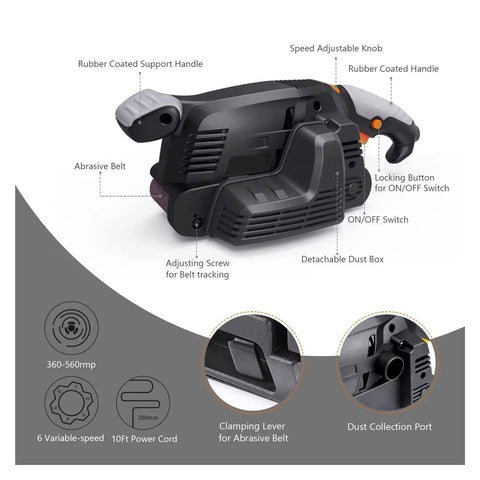 600 Watt Electric Belt Sander With Variable Speed Up To 560Rpm High Performance Copper Motor showing adjustable knobs, support handle and dust collection port.