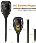 Pack Of 4 Tiki Torch Lights With 96 LEDs Sun Powered Waterproof Dusk To Dawn Auto On Off Flickering Flame Landscape Path Lighting For Patio Deck Backyard Vibe Easy Install Outdoor Security Ambience showing product dimensions and components