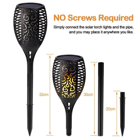Pack Of 4 Tiki Torch Lights With 96 LEDs Sun Powered Waterproof Dusk To Dawn Auto On Off Flickering Flame Landscape Path Lighting For Patio Deck Backyard Vibe Easy Install Outdoor Security Ambience showing product dimensions and components
