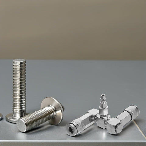 360 Degree Swivel 2 Way Air Hose Splitter With Nickel Plated Steel Pneumatic Fitting beside metal bolts on gray surface