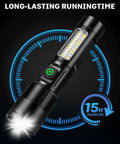 LED flashlight with 15-hour runtime, part of Two Pack Rechargeable LED Flashlights That Crank Out 990000 Lumens With Adjustable Beam And Five Modes