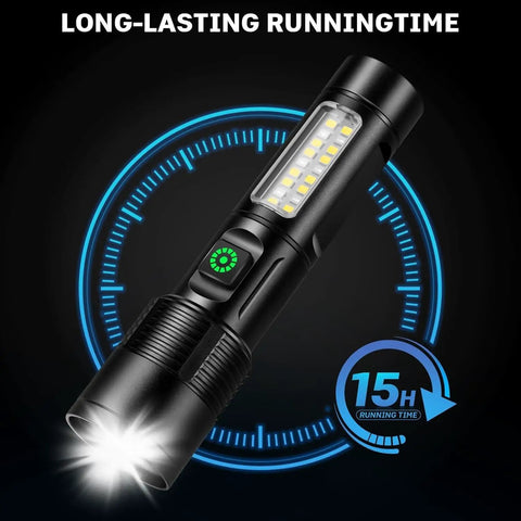 LED flashlight with 15-hour runtime, part of Two Pack Rechargeable LED Flashlights That Crank Out 990000 Lumens With Adjustable Beam And Five Modes