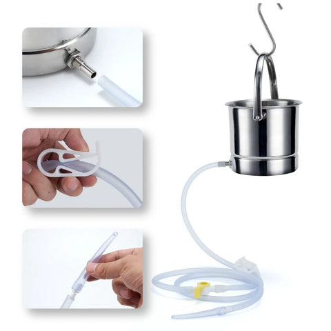 304 Grade Stainless Steel Enema Bucket Kit For Home Colon Cleansing 1.5 L Capacity With Silicone Tube Four Nozzles Dust Bag And Manual Coffee Enema Kit Easy To Use, bucket and tube close-up