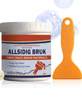 Jar of fiber crack repair materials with orange scraper, labeled 'Allsidig Bruk' for walls, ceilings, and woodwork repair.