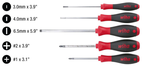 Five Piece Slotted And Phillips Screwdriver Set With SoftFinish Cushioned Grips, Slotted 3.0mm, 4.0mm, 6.5mm, Phillips 1, 2 shown
