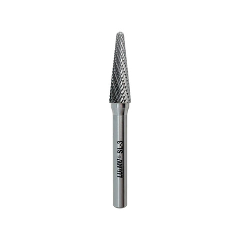 Double Cut Tungsten Carbide Burr Rotary File Three Eighths Inch Head And Quarter Inch Shank Fourteen Degree Taper Shape One Sixteenth Inch Cut Length For Deburring And Polishing Cast Iron Stainless Steel And Other Materials Rotary Tool Accessory - front view