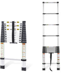 12.5 Foot Telescoping Aluminum Ladder with non slip feet shown folded and extended, portable extension ladder for home and outdoor DIY use.