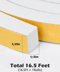White Weather Seal Tape, Badass High Density Foam, self-stick adhesive, 1/2 inch by 1/2 inch, 16.5 ft roll, foam strip detail.