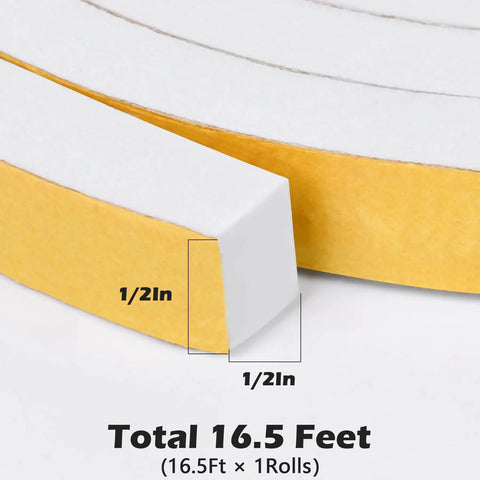 White Weather Seal Tape, Badass High Density Foam, self-stick adhesive, 1/2 inch by 1/2 inch, 16.5 ft roll, foam strip detail.