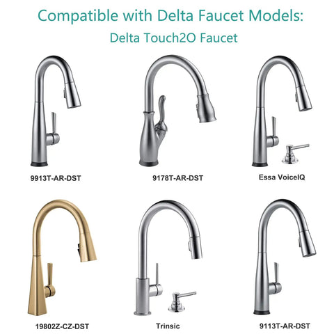 Compatible Delta Faucet models for 9V Faucet Replacement Power Supply For Touch2O Power Adapter EP102157, various designs shown.