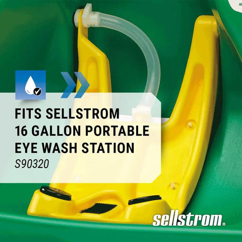 Close-up of yellow Sellstrom eyewash station showing compatibility with Clear Vinyl Replacement Dust Cover For 16 Gallon Gravity Flow Portable Eyewash Station Fits Over Entire Unit Protects From Dirt And Debris Eyewash Station Not Included.