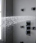 Top Tier Thermostatic Shower Combo Featuring Slick Concealed Mount Lcd Temperature Display Ceiling Rainfall Head And Smooth Handheld Sprayer For Zero Stress Daily Showers with water spraying from handheld.