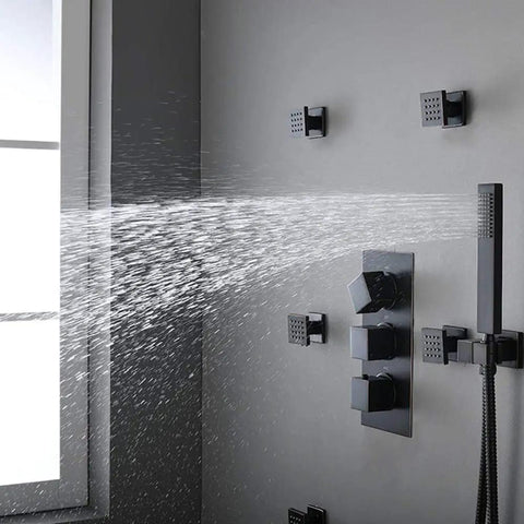 Top Tier Thermostatic Shower Combo Featuring Slick Concealed Mount Lcd Temperature Display Ceiling Rainfall Head And Smooth Handheld Sprayer For Zero Stress Daily Showers with water spraying from handheld.