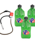 Rock Solid Heavy Duty 5.5 Gallon Square Storage Jugs Green Three Pack With Battery Powered Pump for quick fluid transfer.