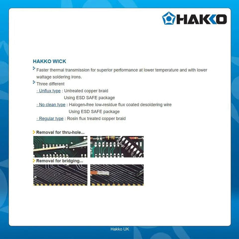 Instruction page showing No Clean Desolder Braid 3.0mm Wide 1.5m Length for SMD Component Solder Removal including BGAs