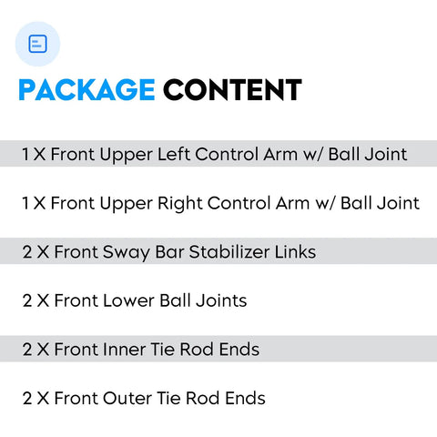10Pc Front Upper Control Arm Set With Ball Joints For Chevy Silverado Tahoe Suburban Avalanche Yukon Sierra 1500 2007 2014 Replacement Suspension Kit package contents list