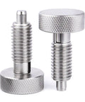 Top Shelf Premium Heavy Duty M10 Stainless Steel Spring Plungers With Textured Knurled Grip And Quick Release Locking System shown in close-up.