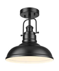 11 Inch Semi Flush Mount Ceiling Light With Industrial Vibe Matte Black Exterior And White Interior One Light Fixture