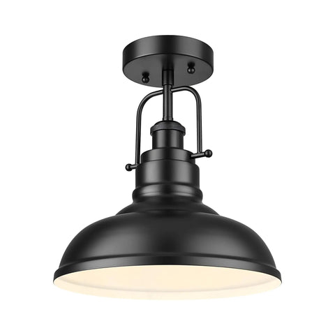 11 Inch Semi Flush Mount Ceiling Light With Industrial Vibe Matte Black Exterior And White Interior One Light Fixture