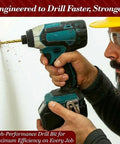 Person using cordless drill with high-performance bit drilling into wall, focusing on efficiency and strength.