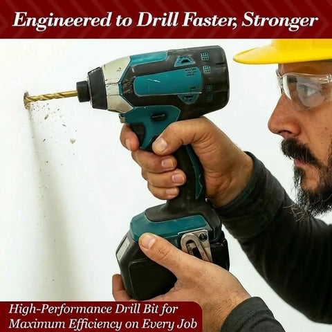 Person using cordless drill with high-performance bit drilling into wall, focusing on efficiency and strength.