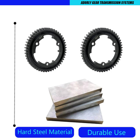 Beefy Hardened Steel Spur Gear Set 50T 1 Mod For RC Upgrades shown with steel plates, compatible with 1/10 E-Revo, X-Maxx, XO-1.