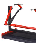 Front view of Beefy No Fuss Motorcycle Engine Stand for 2 and 4 stroke single cylinder engines, red and black metal frame