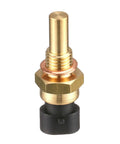 Engine coolant temperature sensor with gold-tone brass probe, threaded mounting and black plastic connector.
