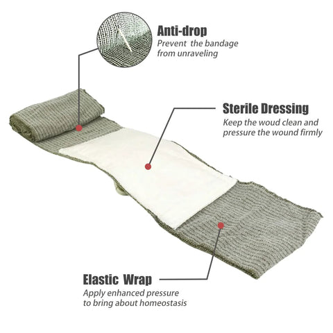 Rhino Rescue 6-inch Israeli-style emergency bandage with white sterile dressing and gray elastic wrap, 2-pack angled view