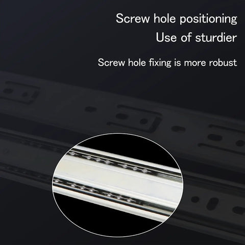 Close-up of full extension drawer slides with quiet ball bearing tracks, showing screw hole positioning for sturdier installation.