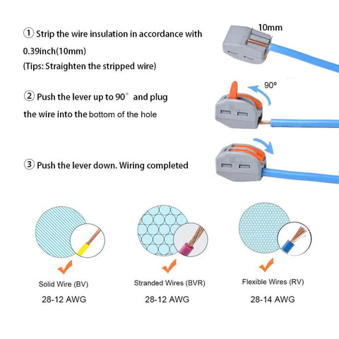 Pro Grade Lever Wire Connectors Kit With Push In Design for Quick Connect 28-12 AWG instructions showing wire splicing steps.