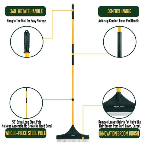 55 Inch Turf Rake With Dense Nylon Bristles All In One Long Pole Garden Hand Broom For Quick Leaf And Debris Cleanup