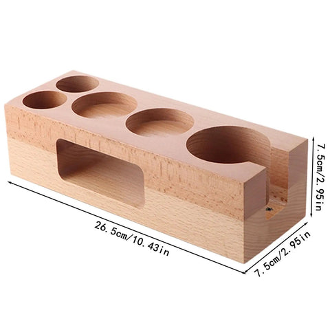 Rock Solid Fifty Eight Mm Espresso Tamping Station Made From Sturdy Natural Wood, beech wood with five tool slots, dimensions 26.5cm x 7.5cm.