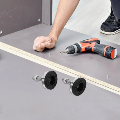 Heavy Duty Adjustable Leveling Feet Set For Shelving, Machinery, Tables, And Furniture, shown with tools, two pack