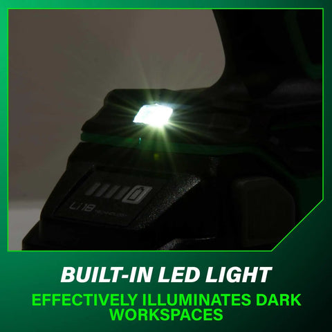 Eighteen-Volt Cordless Brushless Driver Drill Kit With Two Lithium Batteries LED light illuminating workspace