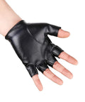 Mens Black Steampunk Fingerless Gloves Premium PU Leather Half Finger Biker Gear showcasing hand grip side view.