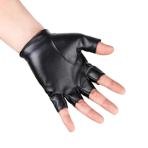 Mens Black Steampunk Fingerless Gloves Premium PU Leather Half Finger Biker Gear showcasing hand grip side view.
