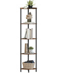 Five Tier Corner Shelving Unit Super Sturdy Storage Rack with books, plants, and a basket, fits in tight spaces.